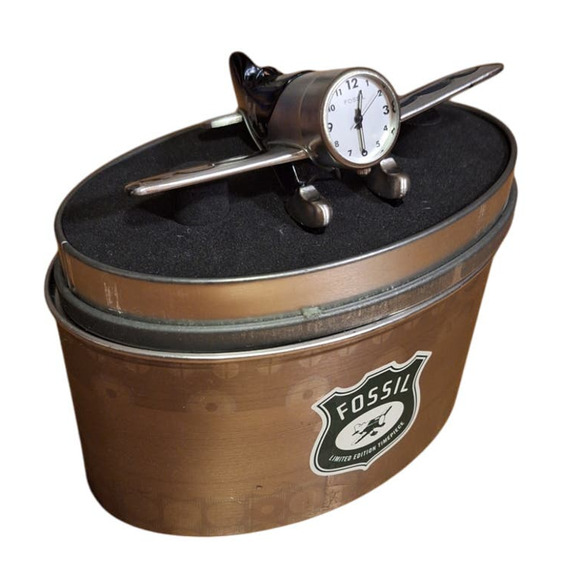 Fossil Other - NEW! Fossil Metal Airplane Desktop Clock & Tin Case